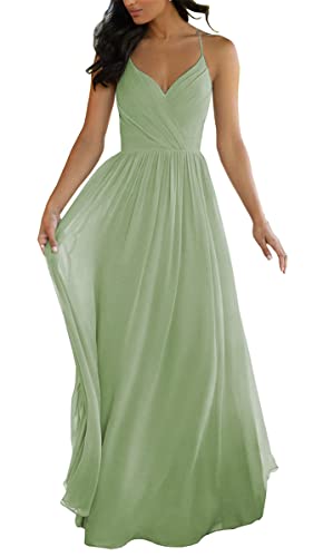 Spaghettiträger Hochzeit Brautjungfernkleider für Junioren V Ausschnitt Elegant Chiffon A-Linie Trauzeugin Kleider, salbeigrün, 32 von SAYNO