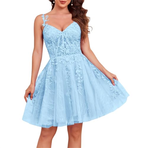 Spaghettiträger Spitze Kurz Heimkehr Kleider für Teenager Tüll Kurz Ballkleider Cocktailkleider, hellblau, 44 von SAYNO