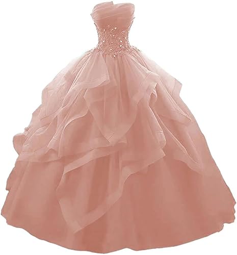 Trägerloses langes Ballkleid Quinceanera Kleider Perlen Tüll Spitze Prinzessin Partykleid, Vieux Rose, 42 von SAYNO