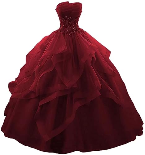 Trägerloses langes Ballkleid Quinceanera Kleider Perlen Tüll Spitze Prinzessin Partykleid, bordeaux, 50 Plus von SAYNO