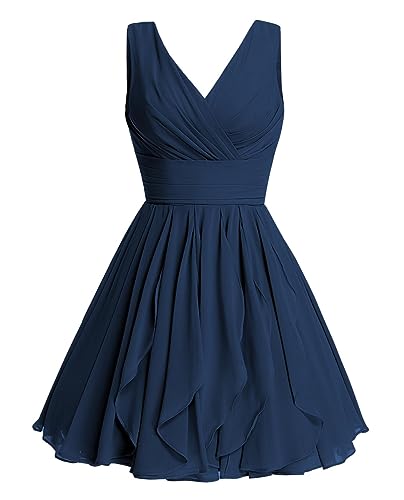 V-Ausschnitt Kurze Brautjungfer Kleider 2023 A Linie Chiffon Ärmellos Geraffte Rüschen Formale Kleid mit Taschen, marineblau, 36 von SAYNO