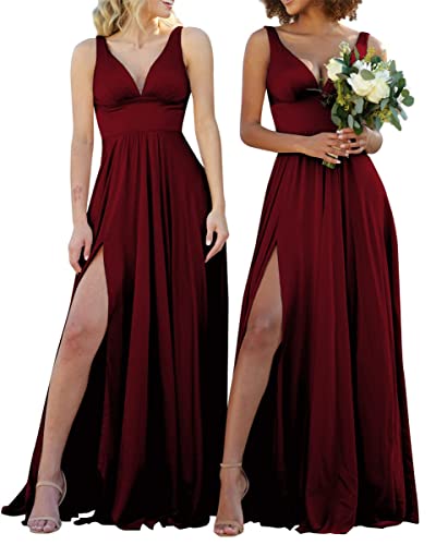 V-Ausschnitt Spaghetti-Träger Brautjungfernkleider für Hochzeit High Split Ärmellos Formal Party Kleid, burgunderfarben, 32 von SAYNO
