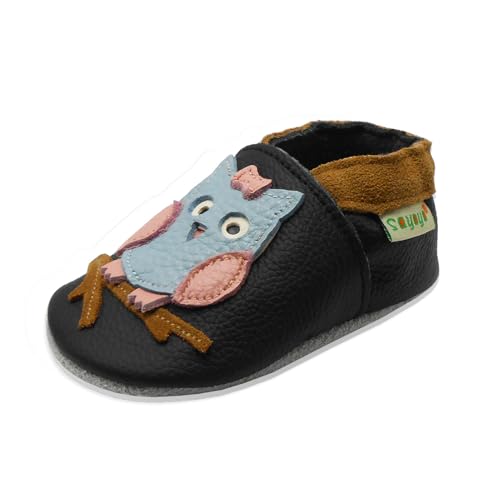 SAYOYO Eule Lauflernschuhe Leder Weiche Sohle Baby Mädchen Jungen Kugelsicherer Krippe Enfants Schuhe 23/24 (18-24) XL Monate, Schwarz von SAYOYO