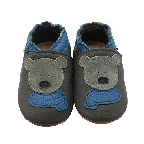 SAYOYO Bär Krabbelschuhe Lauflernschuhe Jungen mädchen Weicher Leder Babyhausschuhe 17/18 (0-6) S Monate,Dunkelgrau von SAYOYO