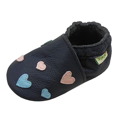 SAYOYO Krabbelschuhe Lauflernschuhe Jungen mädchen Weicher Leder Babyhausschuhe 17/18 (0-6) S Monate, Navy Blau von SAYOYO