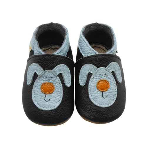 SAYOYO Weicher Leder Lauflernschuhe Krabbelschuhe Babyhausschuhe Kleinkind Lederschuhe Jungen und Mädchen, 19/20 (6-12) M Monate, Schwarz Hündchen von SAYOYO