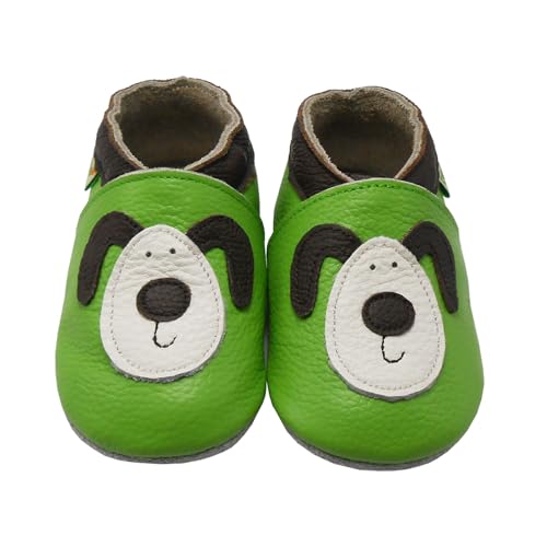 SAYOYO Weicher Leder Lauflernschuhe Krabbelschuhe Babyhausschuhe Kleinkind Lederschuhe Jungen und Mädchen, 23/24 (18-24) XL Monate, Grün Hündchen von SAYOYO