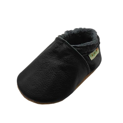 SAYOYO Weicher Leder Lauflernschuhe Krabbelschuhe Babyhausschuhe Kleinkind Lederschuhe Jungen und Mädchen, 25/26 (24-36) XXL Monate, Schwarz von SAYOYO