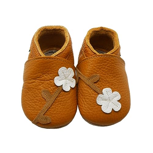 SAYOYO Weicher Leder Lauflernschuhe Krabbelschuhe Babyhausschuhe Kleinkind Lederschuhe Jungen und Mädchen,19/20 (6-12) M Monate,Braun Blume von SAYOYO