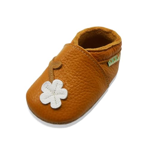 SAYOYO Weicher Leder Lauflernschuhe Krabbelschuhe Babyhausschuhe Kleinkind Lederschuhe Jungen und Mädchen,21/22 (12-18) L Monate,Braun Blume von SAYOYO