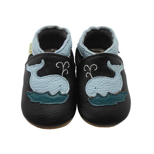 SAYOYO WeichesLeder Lauflernschuhe Krabbelschuhe Babyschuhe 17/18 (0-6 Monate) S, Schwarz Wal von SAYOYO