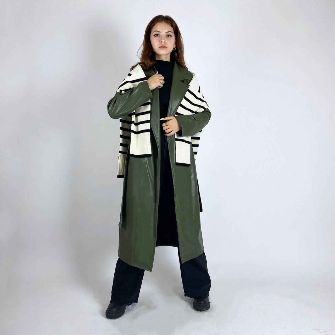 Leder Trench Grün, Ledermantel, Damen Ledermantel, Langer Ledermantel, Kunstledermantel, Frauen Lederjacke, Ledermantel von SAcollectionStore