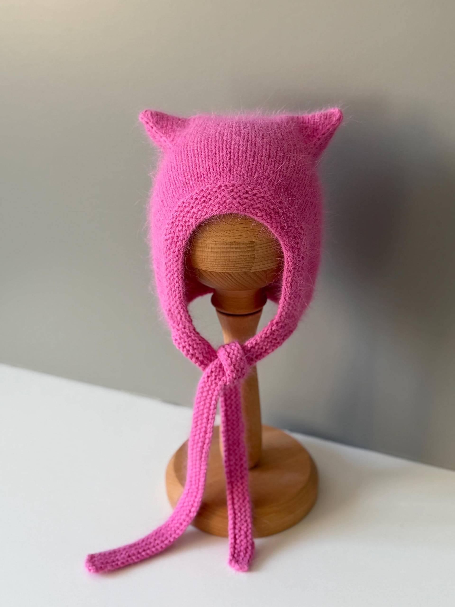 Fluffy Angora Wool Bonnet With Cute Kitten/Bear Cub Ears, Without Lining von SAknitwear