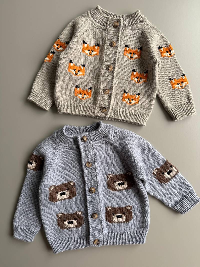 Handmade 100% Merino Wool Kids Cardigan With Embroidered Bear/Fox von SAknitwear