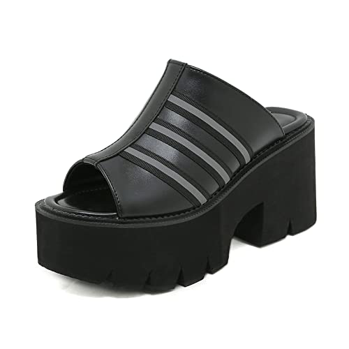 SAndal Damensandalen Fischmaul-Plateau Runde Zehe Blockabsatz Großer Einzelschuh Offene Zehen-Slip-On Slingback High Heel Für Frauen Geeignet,Schwarz,35 EU von SAndal