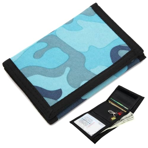 SBJJGQIS Camouflage Portmonee, Geldbörse Kinder Jungen, Slim Geldbeutel für Kinder Dreifach Geldbörse, Faltbare Geldbörse mit Kette Clip Reißverschluss Wallet, 12 x 8 x 1 cm (Camo Blau) von SBJJGQIS