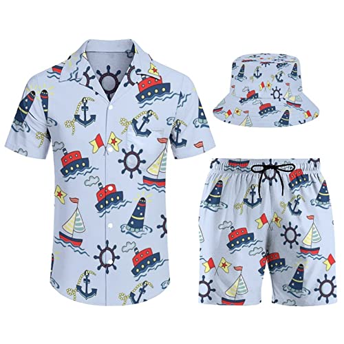 SBKGBIEHG 3-teiliges Herren-Hemd-Anzug-Outfit-Set, Strandhemd und Shorts mit Eimerhüten, Segelboot-2, XXL von SBKGBIEHG