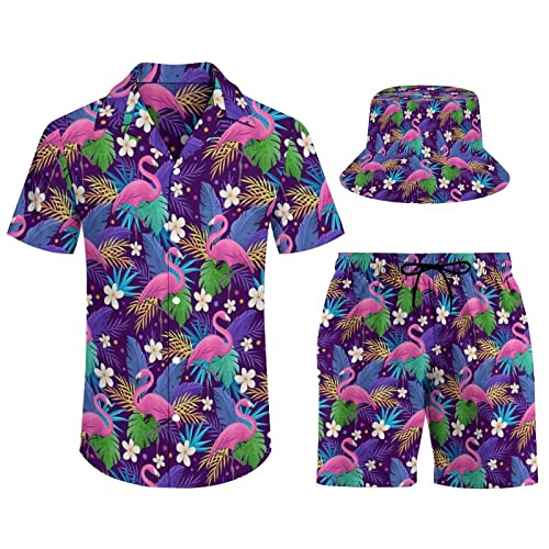 SBKGBIEHG Herren Hemd Hawaii Outfit Set Strandhemd und Shorts mit Eimerhüte 3 Stück Strand Tropische Hawaii Anzüge, Flamingo, XXL von SBKGBIEHG