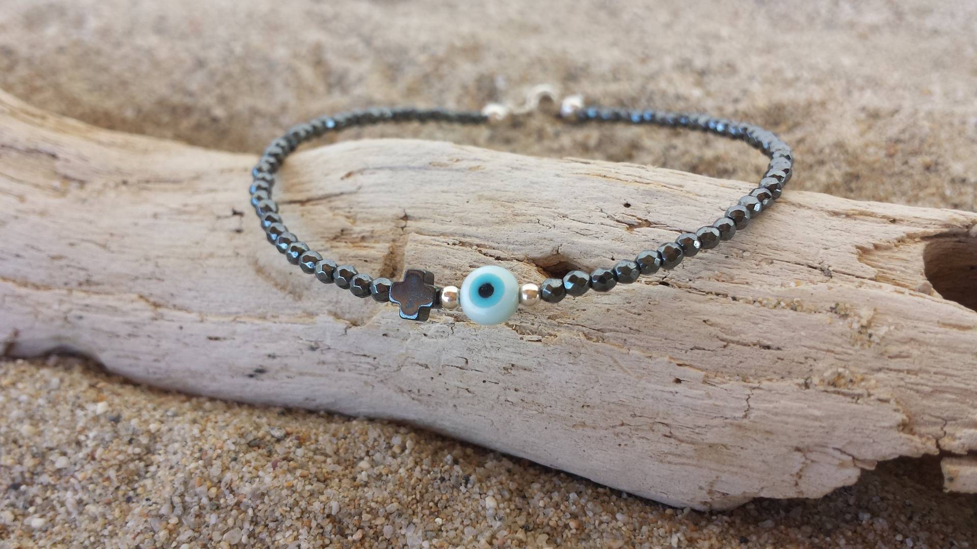 Evil Eye Hämatit Armband Sterling Silber Kreuz Schmuck von SBOeyes