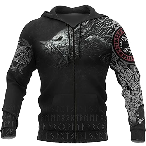 ZFSBRTL Nordische Mythologie Kostüm, Wikinger 3D-Druck Wolf Fenrir Totem Tattoo Hoodie T-Shirt Reißverschluss Unisex Amulett Rune Streetwear,Zippers,XXL von ZFSBRTL