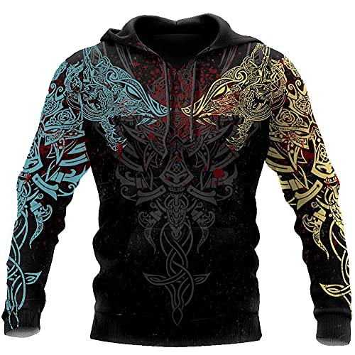 ZFSBRTL Nordische Mythologie 3D-Druck Odin Wolf Fenrir Tattoo Hoodie, Herren Viking Retro Weiblicher Krieger Totem Pullover Streetwear Große Casual Zip Kleidung,Hoodie b,L von ZFSBRTL