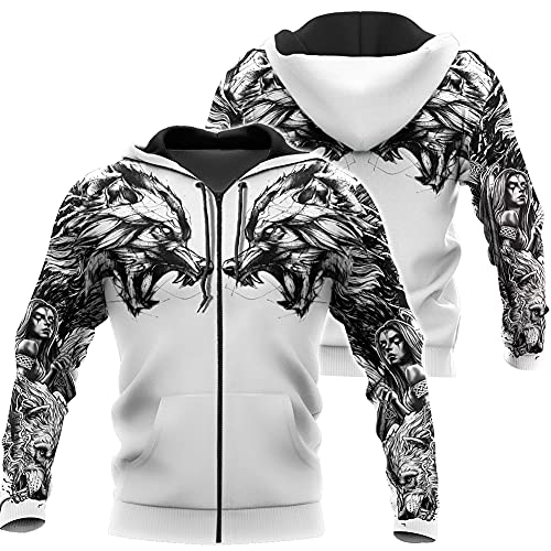 ZFSBRTL Nordische Mythologie 3D-Druck Odin Wolf Fenrir Tattoo Hoodie, Herren Viking Retro Weiblicher Krieger Totem Pullover Streetwear Große Casual Zip Kleidung,Zipper a,4XL von ZFSBRTL