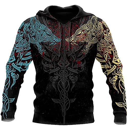 ZFSBRTL Nordische Mythologie 3D-Druck Odin Wolf Fenrir Tattoo Hoodie, Herren Viking Retro Weiblicher Krieger Totem Pullover Streetwear Große Casual Zip Kleidung,Zipper b,L von ZFSBRTL