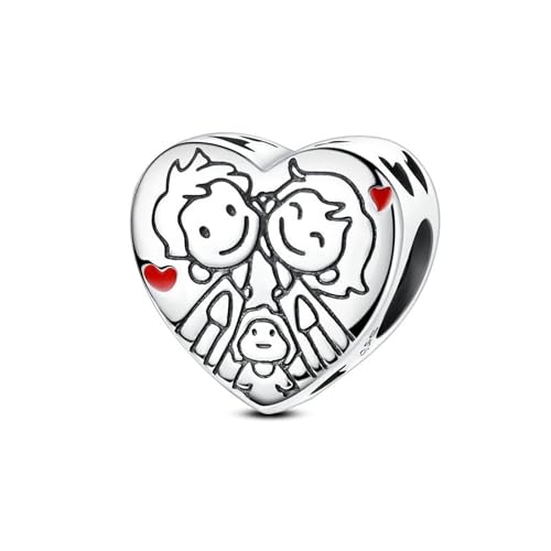 Charm-Perle aus 925er Sterlingsilber mit Zirkonia, Anhänger in Form einer Pferdekutsche mit Eule, Kaninchen und Drache – passend für Armbänder und Halsketten (Charm in Herzform mit Familienmuster) von SBUTUXC