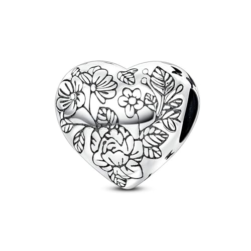 Charm-Perle aus 925er Sterlingsilber mit Zirkonia, Anhänger in Pferdekutsche-Form, Abschlussfeier, Eule, Kaninchen, Drache – passend für Armbänder und Halsketten (Charm in Herzform mit Blumenmuster) von SBUTUXC