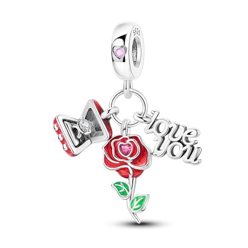 SBUTUXC 925 Sterling Silber „Love You“ Rosen-Charm mit Emaille und Zirkonia, kompatibel mit Armbändern und Halsketten – Romantischer roter Rosenanhänger von SBUTUXC