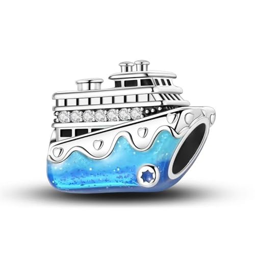 SBUTUXC 925 Sterling Silber Kreuzfahrtschiff-Anhänger mit Blauem Emaille & Zirkon - Charm für Reise-Armbänder oder Halsketten von SBUTUXC