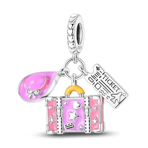 SBUTUXC Abenteuer-Anhänger aus 925er Sterlingsilber mit Reisekoffer und Hut | Rosa Emaille-Anhänger „Ticket“ für Damen | Wanderlust-Halskette und Armband als Geschenk von SBUTUXC