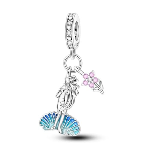 SBUTUXC Anhänger „Meerjungfrau & Blume“ aus 925er Sterlingsilber mit blauem Emaille und rosa Zirkonia, ozeaninspirierter Anhänger für Armband/Halskette/Kleidung von SBUTUXC