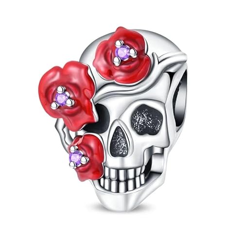 SBUTUXC Blumen-Totenkopf-Charm aus 925er Sterlingsilber mit roten Rosen und violetten Zirkonen von SBUTUXC