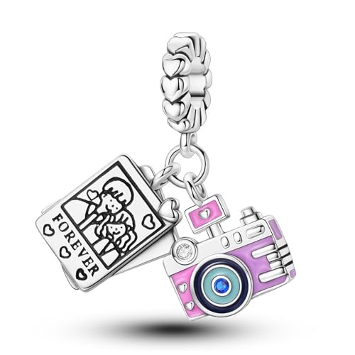 SBUTUXC Charm-Anhänger „Forever Memory Camera“ aus Sterlingsilber, rosa und blau emaillierte Foto-Anhängerperle für Armbänder, 2,5 x 2,3 cm von SBUTUXC
