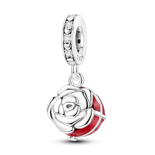 SBUTUXC Charm-Anhänger „Rose“ aus 925er Sterlingsilber mit Emaille, Geschenkbox – Polierte Blumenbox mit transparentem Zirkonia-Bügel – Ideal für Armbänder und Halsketten von SBUTUXC