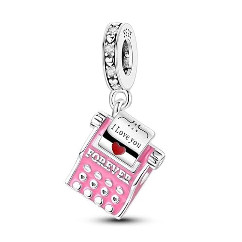 SBUTUXC Charm-Anhänger aus 925er Sterlingsilber mit rosa Schreibmaschine im Vintage-Stil | Emaille-Charm mit der Botschaft „I Love You Forever“ für Frauen | Sentimentales Armband-Halsketten-Geschenk von SBUTUXC