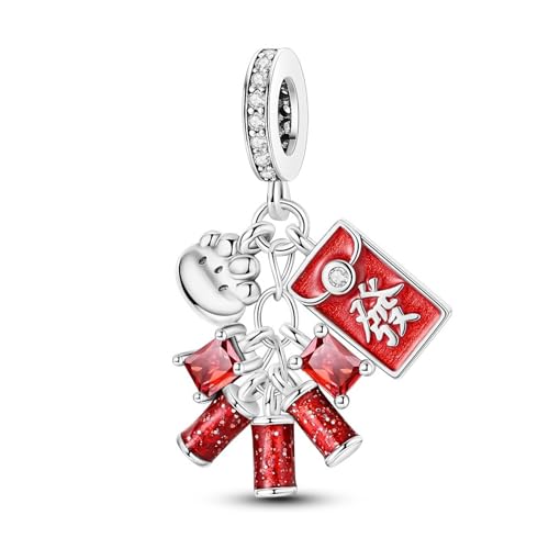 SBUTUXC Charm-Anhänger aus Sterlingsilber zum chinesischen Neujahr, rotes Emaille-Design mit Glücksbotschaft und Kristallen, 1,14 x 0,77 Zoll dekorative Perle für Armbänder von SBUTUXC
