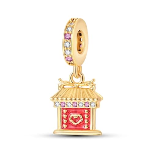 SBUTUXC Charm-Perle „Asiatischer Tempel“ aus 925er Sterlingsilber, vergoldet mit rosa Kristallen, Anhänger für Armbänder, 2,3 x 1,0 cm SBUTUXC Charm-Perle „Asiatischer Tempel“ aus 925er Sterlingsilber, vergoldet mit rosa Kristallen, Anhänger für Armbänder, 2,3 x 1,0 cm von SBUTUXC