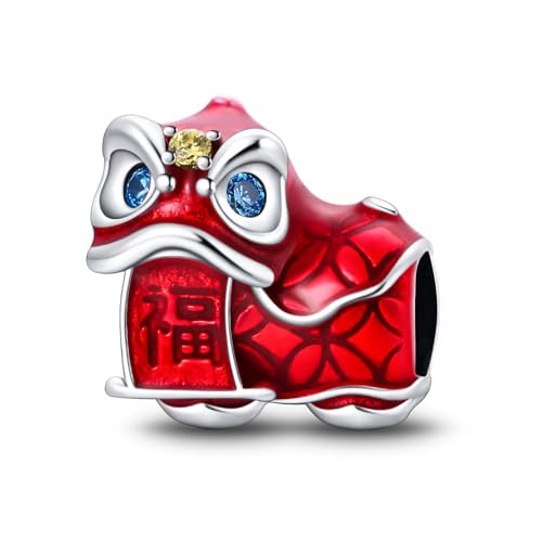 SBUTUXC Charm-Perle „Chinesischer Löwentanz“, S925 Sterling Silber, rote Emaille mit Kristallakzenten, vergoldetes Filigran, 0,45 x 0,18 Zoll von SBUTUXC
