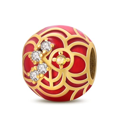 SBUTUXC Charm-Perle aus rotem Emaille-Sterlingsilber S925 mit Goldfiligran, Kristallakzenten, 0,4 x 0,4 Zoll, für Armbänder von SBUTUXC