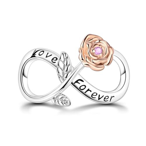 SBUTUXC Infinity-Rosen-Charm aus 925er Sterlingsilber mit roségoldenem Blumenakzent – Zirkonia-Anhänger „Love Forever“ für Armbänder von SBUTUXC
