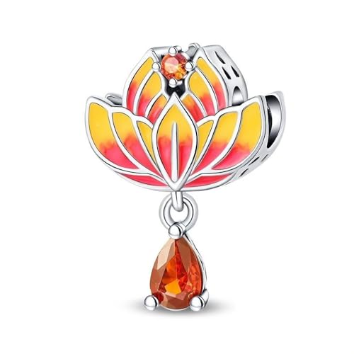 SBUTUXC Lotusblüten-Charm aus 925er Sterlingsilber mit Farbverlaufs-Emaille und orangefarbenem Zirkonia – zierlicher Anhänger für Armband/Halskette/Kleidungszubehör von SBUTUXC