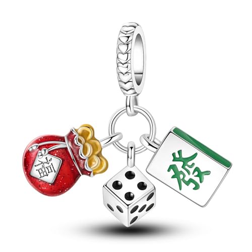 SBUTUXC Mahjong-Würfel-Anhänger zum chinesischen Neujahr, Sterlingsilber mit rotgoldener Emaille, Glücksgott-Design, 2,5 x 2,2 cm von SBUTUXC