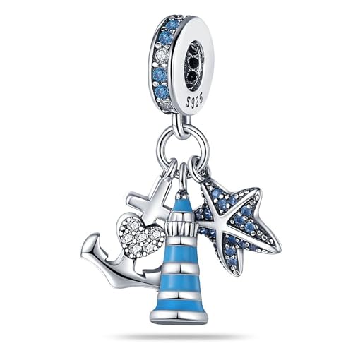 SBUTUXC Maritimer Charm-Anhänger aus Sterlingsilber, blau-silbernes Leuchtturm-Seestern-Anker-Design, baumelnde Perle aus Kristallzirkon für Armbänder, 2,4 x 0,86 cm SBUTUXC Maritimer Charm-Anhänger aus Sterlingsilber, blau-silbernes Leuchtturm-Seestern-Anker-Design, baumelnde Perle aus Kristallzirkon für Armbänder, 2,4 x 0,86 cm von SBUTUXC