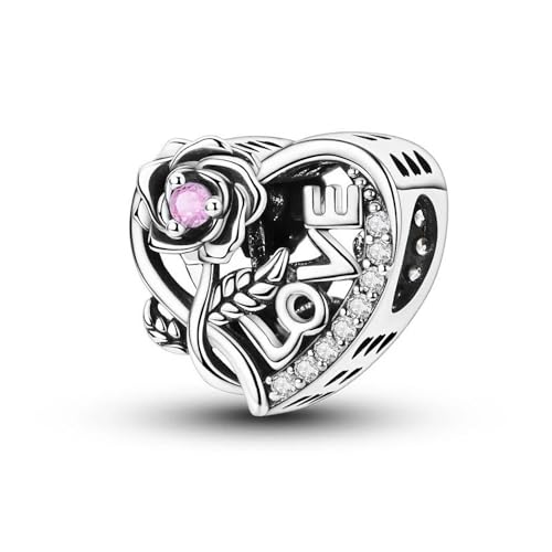 SBUTUXC Romantischer Charm-Anhänger mit Rose und Liebesbrief aus 925er Sterlingsilber für Damen | Blumen-Charm mit Zirkonia-Emaille von SBUTUXC