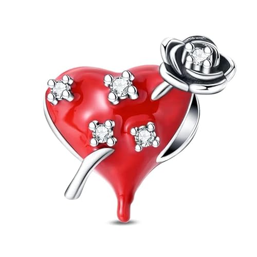 SBUTUXC Roter Herz-Charm aus 925er Sterlingsilber mit zirkonähnlichen Steinen und Rose von SBUTUXC