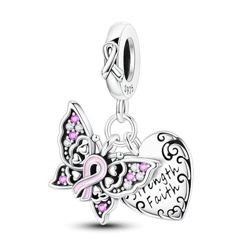 SBUTUXC Schmetterlings-Herzanhänger aus 925er Sterlingsilber, Pink Ribbon Awareness-Anhänger mit Kristallen, Stärke und Glaube, 2,5 x 1,9 cm SBUTUXC Schmetterlings-Herzanhänger aus 925er Sterlingsilber, Pink Ribbon Awareness-Anhänger mit Kristallen, Stärke und Glaube, 2,5 x 1,9 cm von SBUTUXC