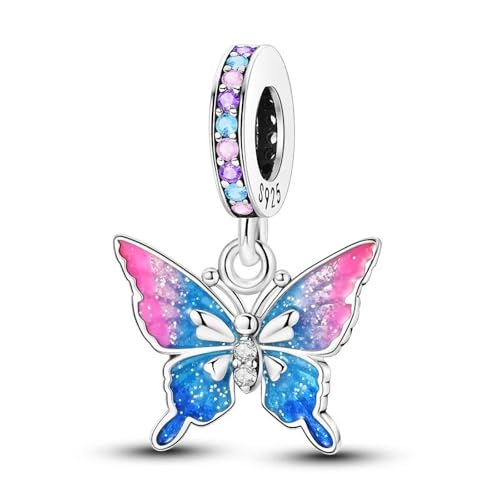 SBUTUXC Schmetterlingsanhänger aus 925er Sterlingsilber mit glitzernden Emaille-Flügeln und Regenbogen-Zirkon, funkelnder Insektenanhänger für Armband/Halskette/Kleidung von SBUTUXC