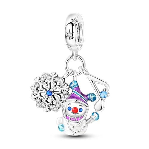 SBUTUXC Schneemann-Charm aus 925er Sterlingsilber mit Schneeflocke und Musiknoten-Anhängern, Emaille-Hut und Kristall-Akzenten für Armband/Halskette/Winter-Accessoires von SBUTUXC